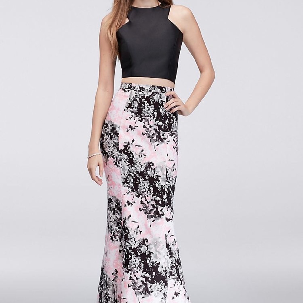 Cutaway crop top & floral twill 2-piece dress